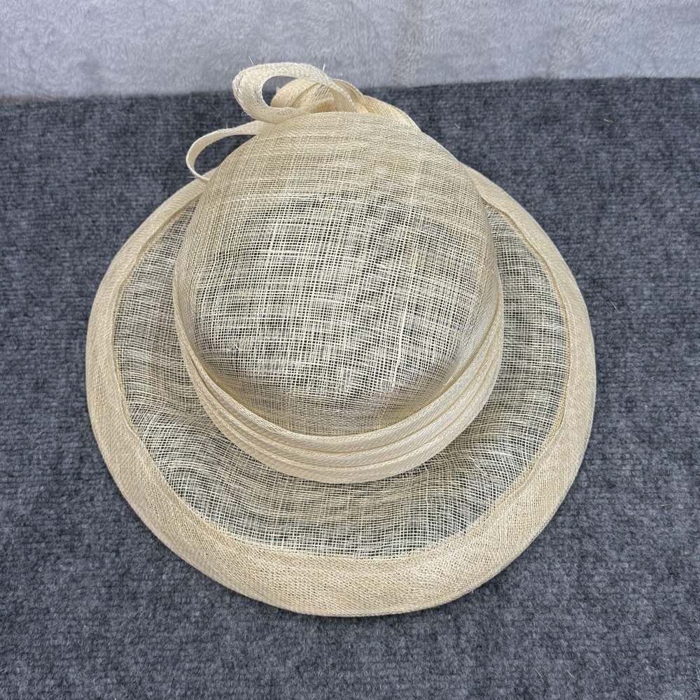 VTG Hat Sun Womens Cream Burlap Pleated Bow Wide Brim Derby Church Wedding - Picture 5 of 8
